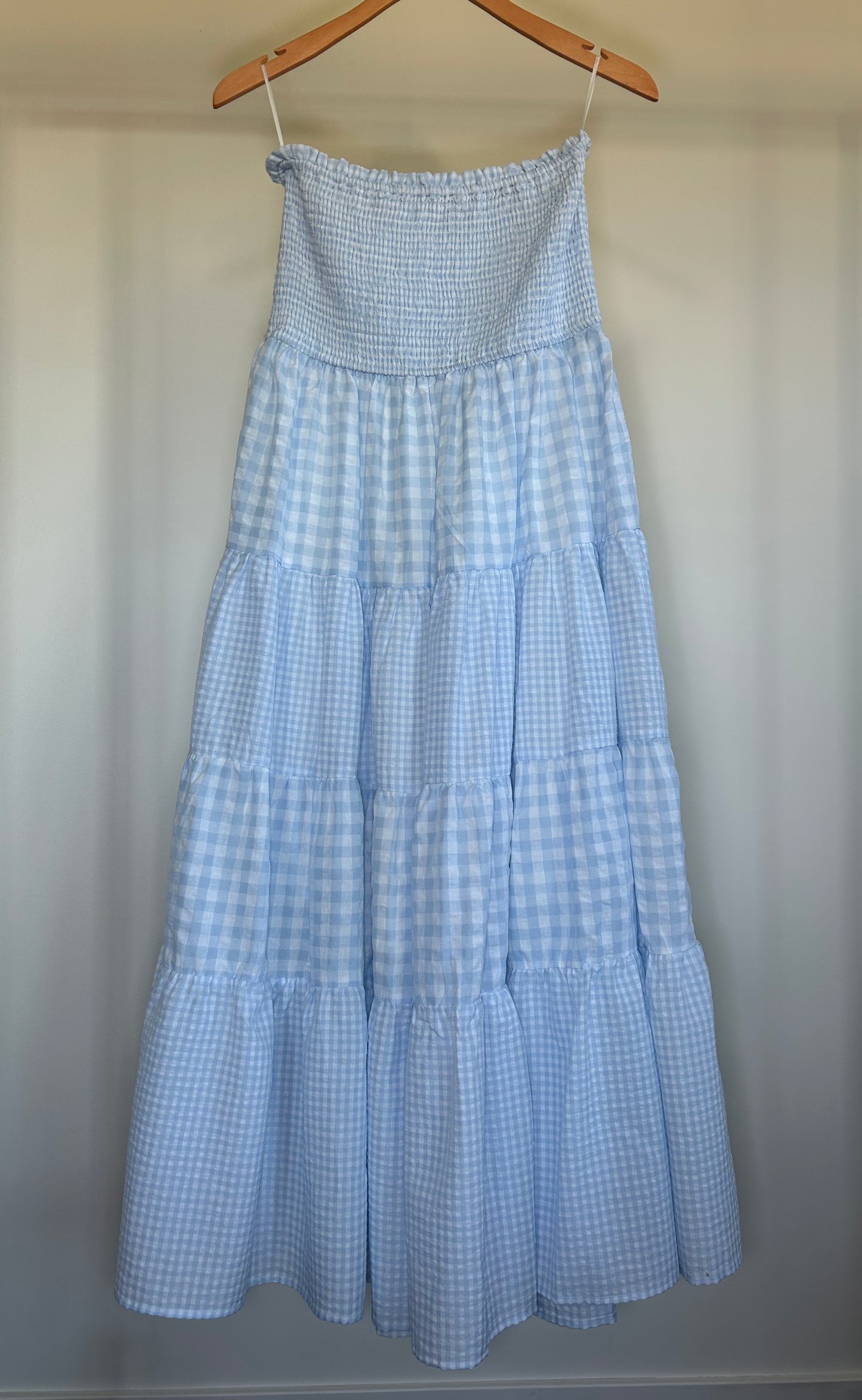 Blue Strapless Gingham Dress
