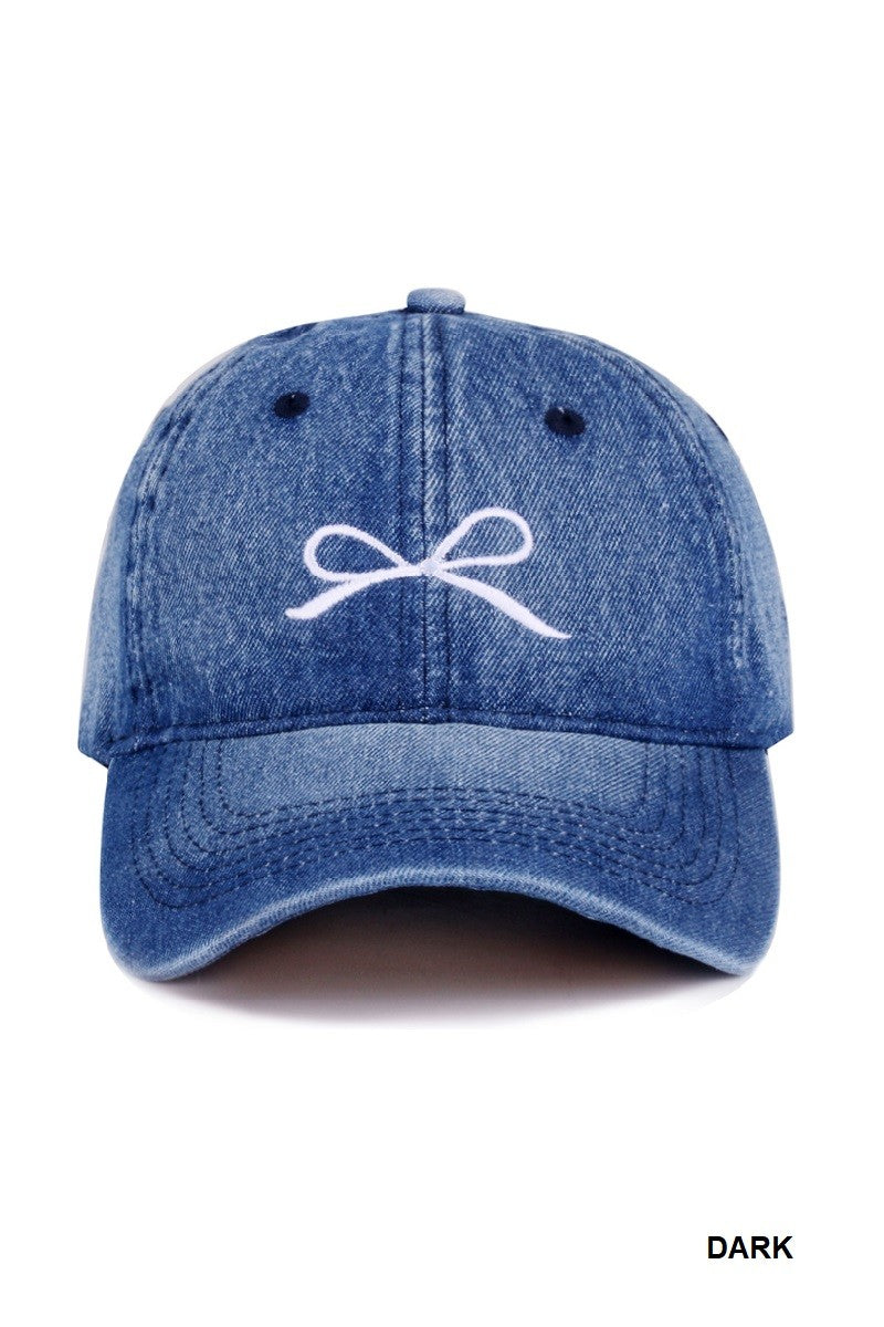 Bow Embroidered Hat - Dark Wash