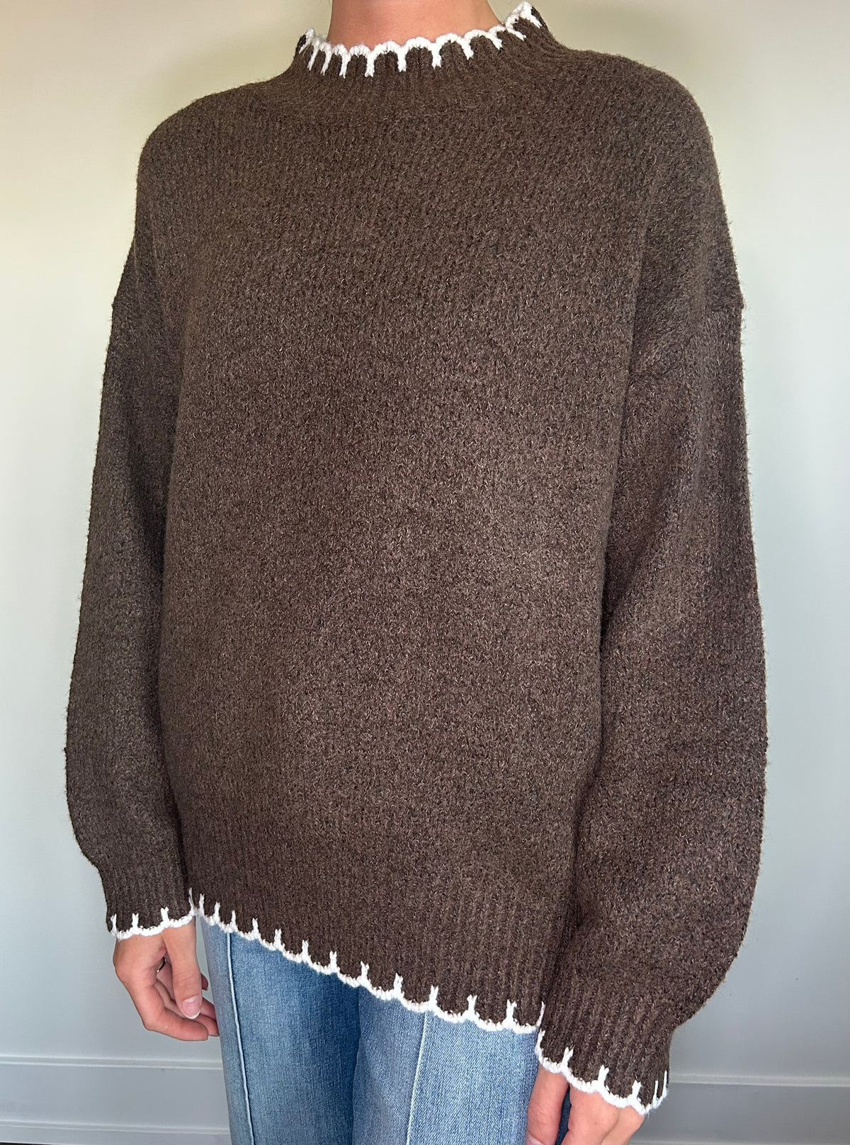Chocolate Brown Sweater with White Trim