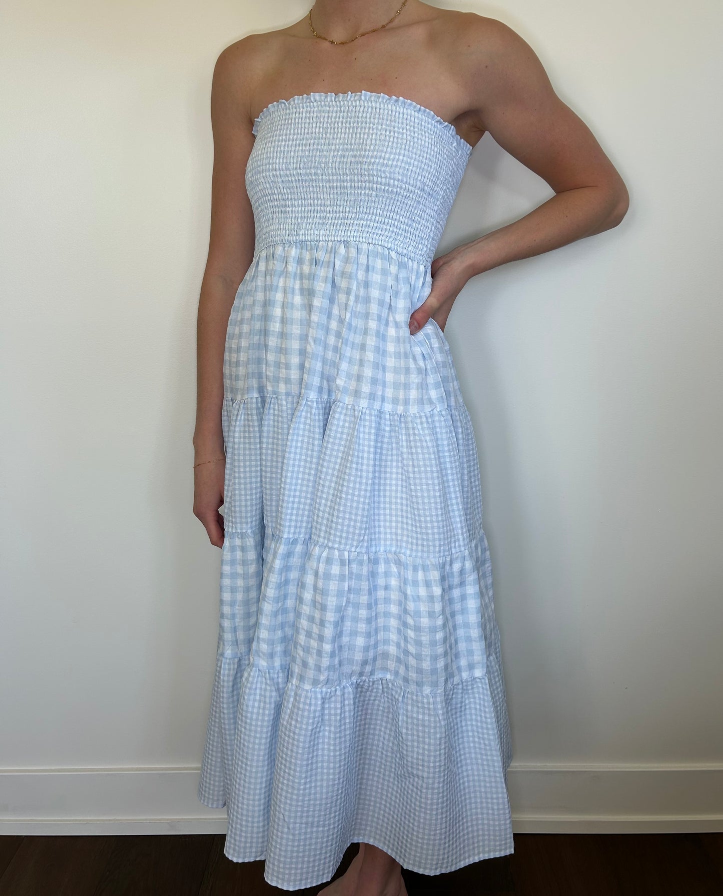 Blue Strapless Gingham Dress