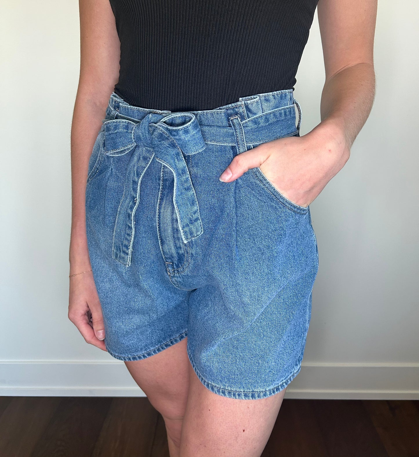 Medium Wash Tie Denim Shorts