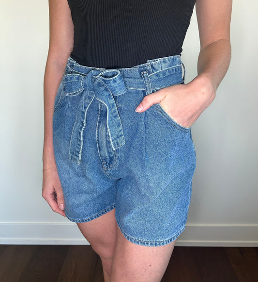 Medium Wash Tie Denim Shorts