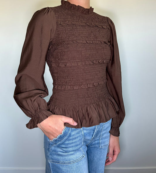 Brown Smocked Long Sleeve Top