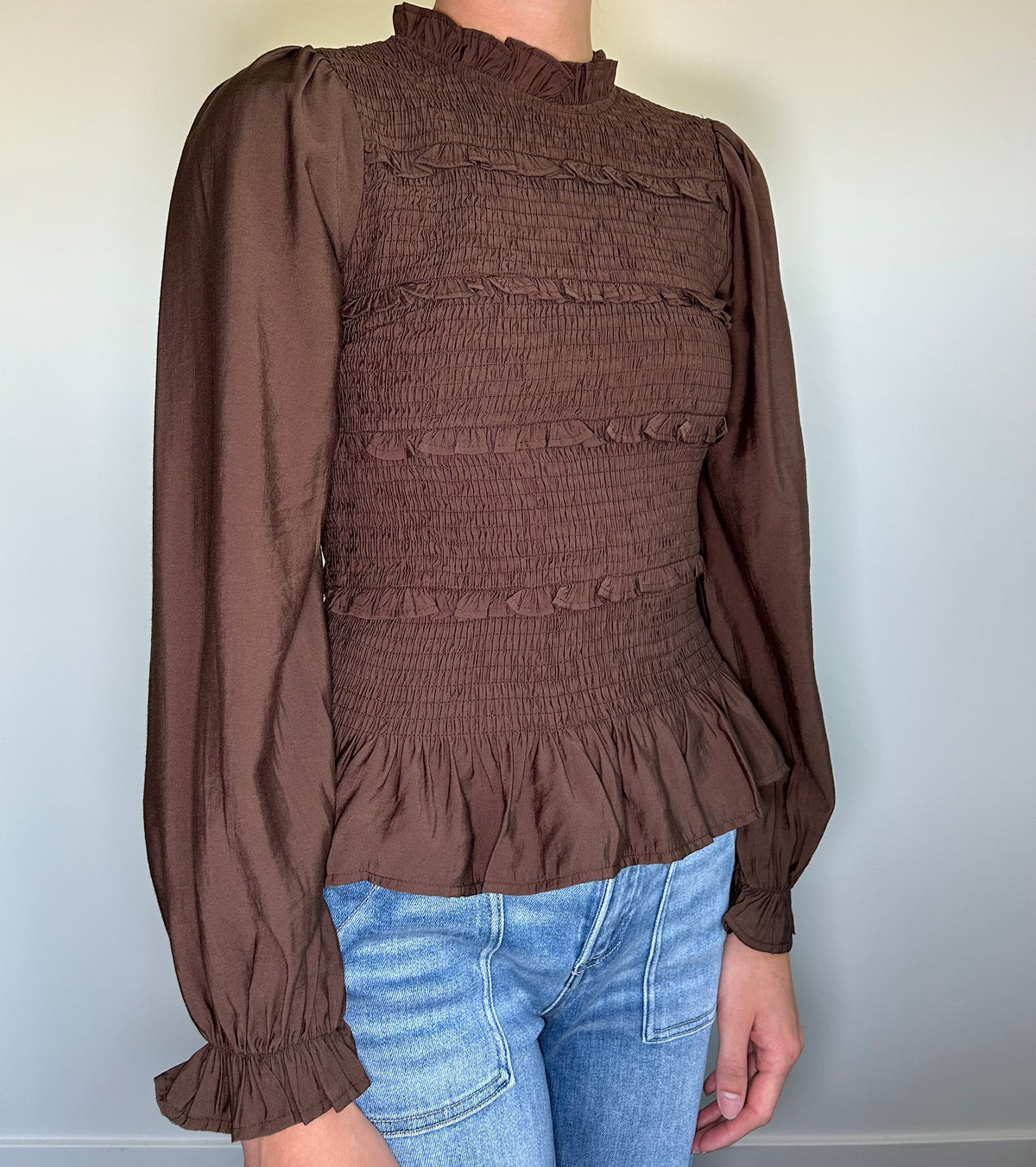 Brown Smocked Long Sleeve Top