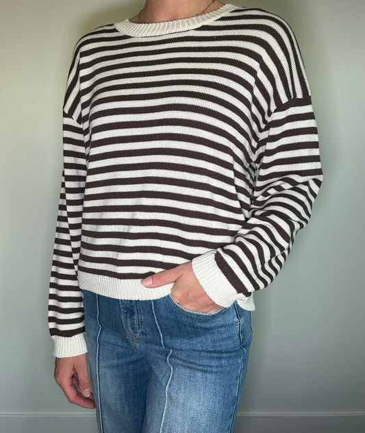 Button Back Brown Striped Sweater