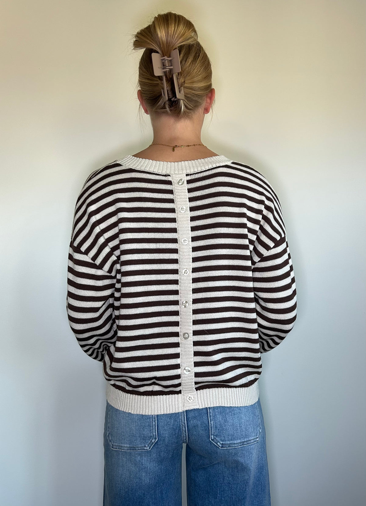 Button Back Brown Striped Sweater
