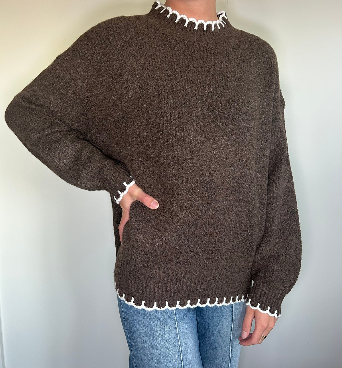 Chocolate Brown Sweater with White Trim