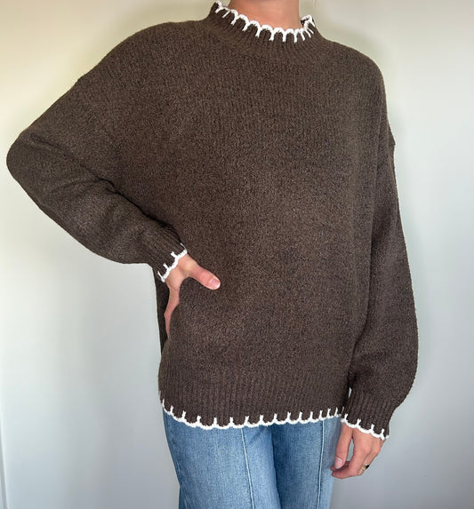 Chocolate Brown Sweater with White Trim