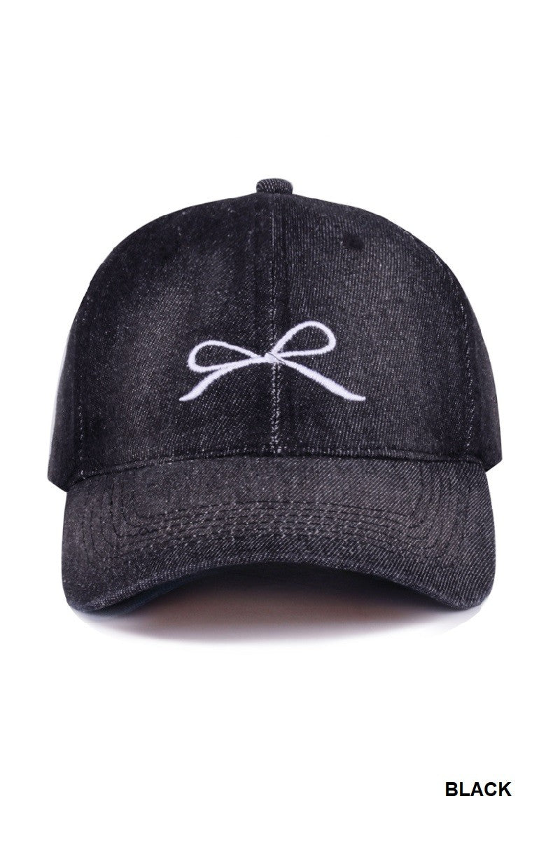 Bow Embroidered Hat - Black
