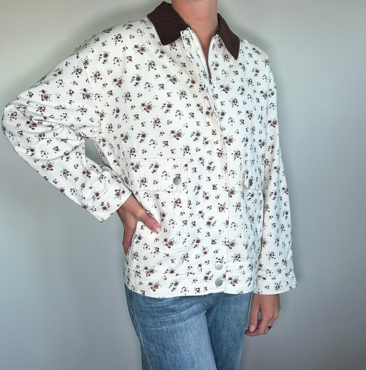 Cream Floral Denim Jacket