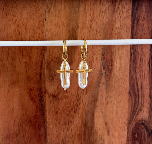 Dangle Cross with Pearl Earring