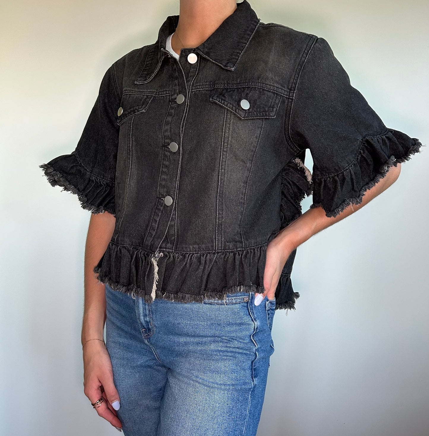 Ruffle Stone Wash Denim Jacket