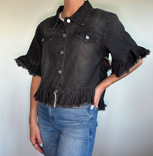 Ruffle Stone Wash Denim Jacket