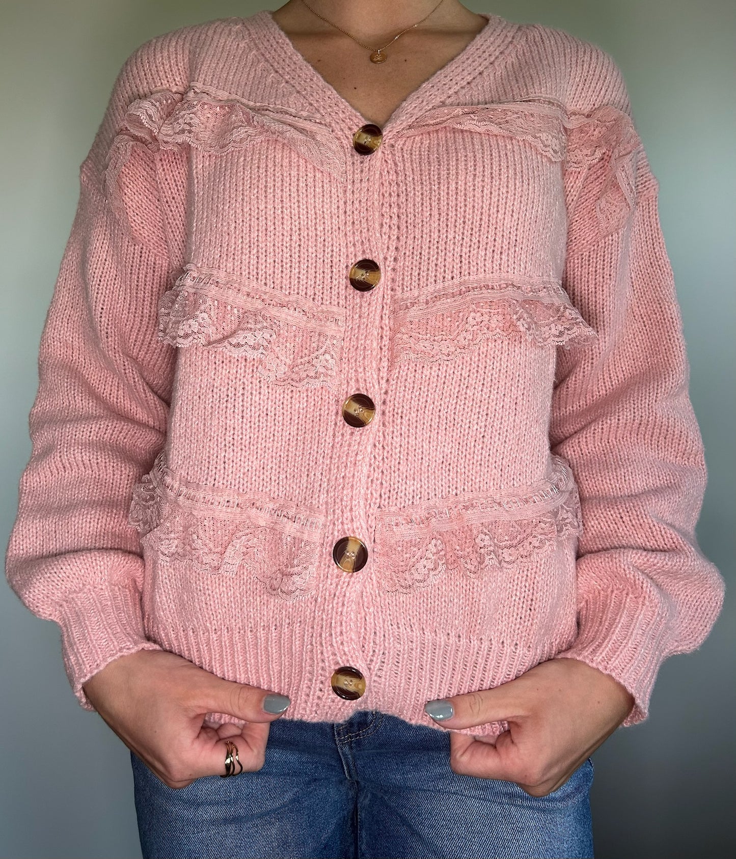 Pink Lace Frilled Buttoned Sweater