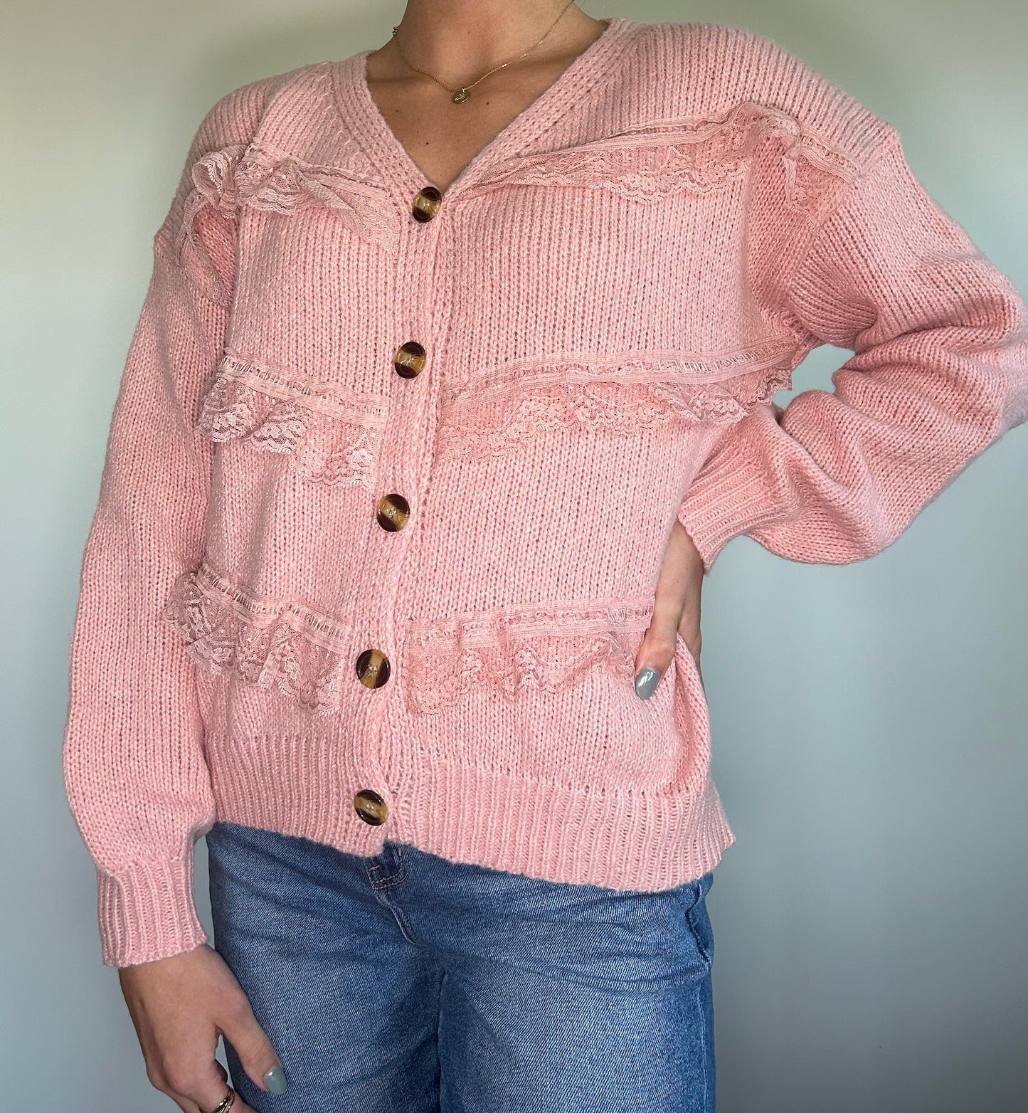 Pink Lace Frilled Buttoned Sweater