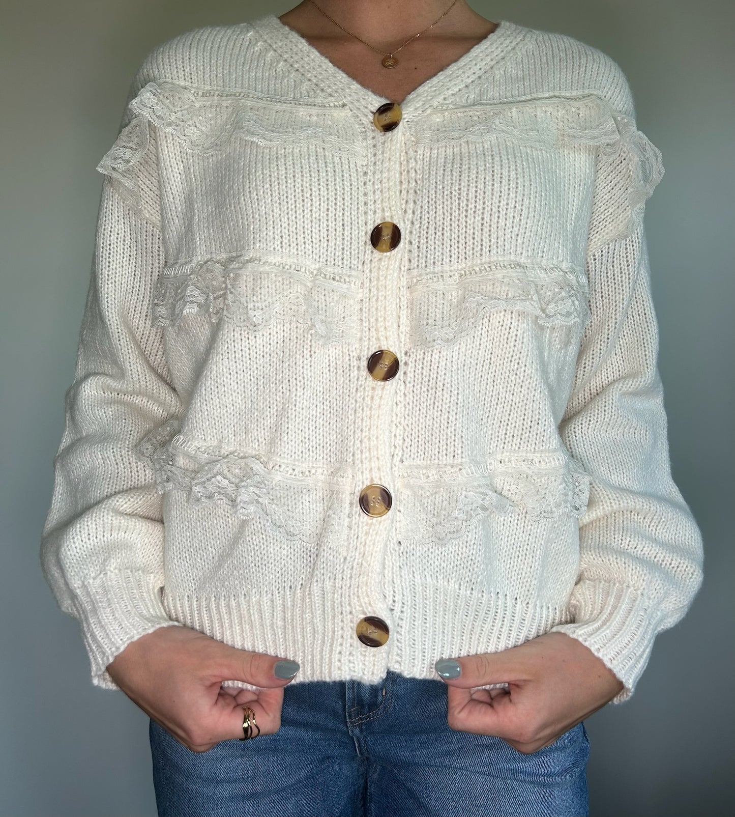 Cream Lace Frilled Buttoned Sweater