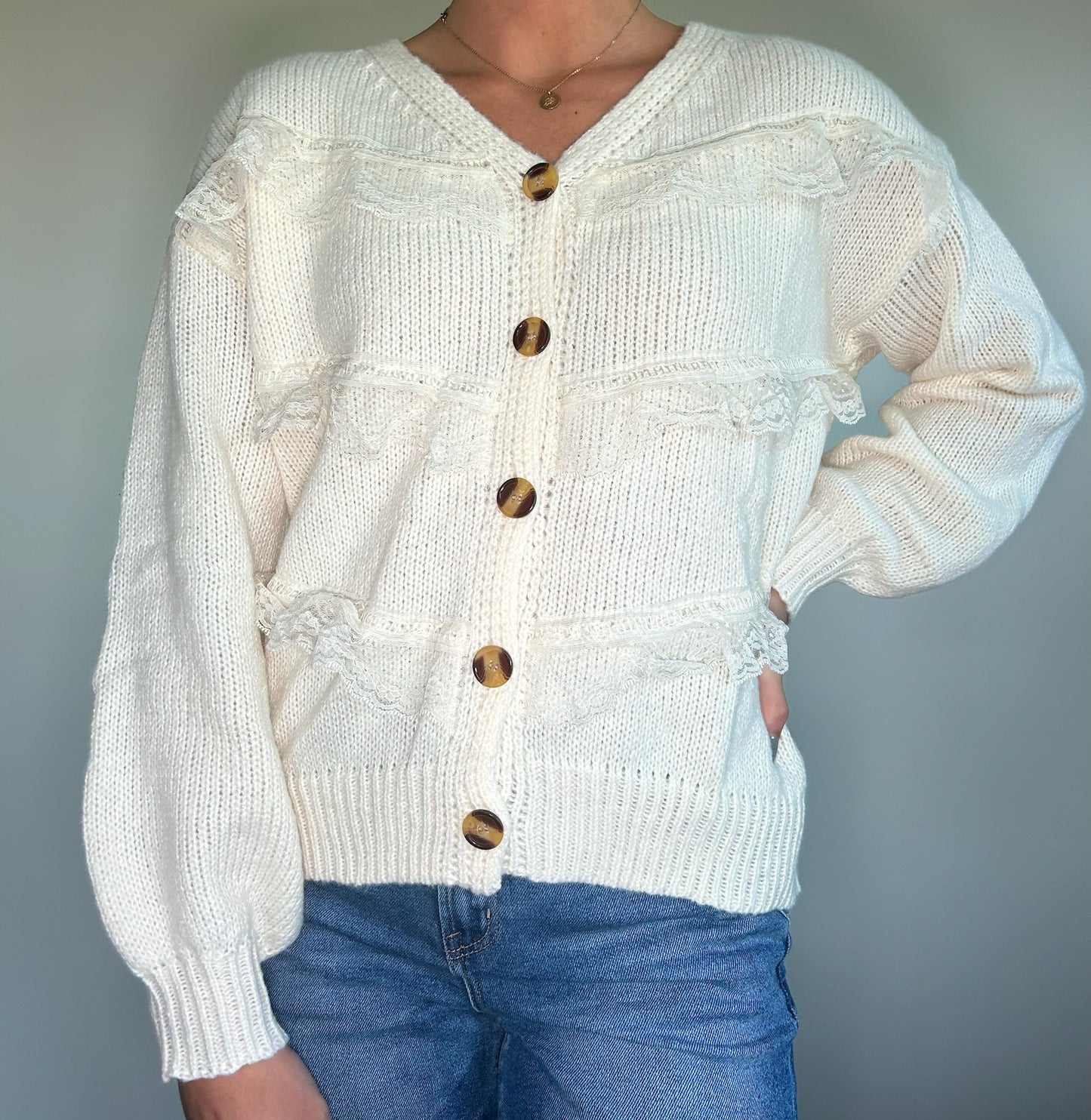 Cream Lace Frilled Buttoned Sweater
